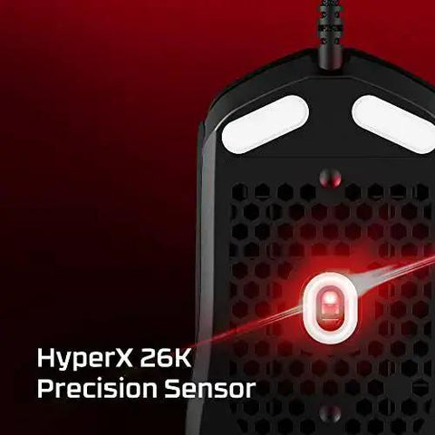 Pulsefire Haste 2 Wired Gaming Mouse Ultra Light 53g with HyperX 26K precision sensor, bottom view showing red sensor light