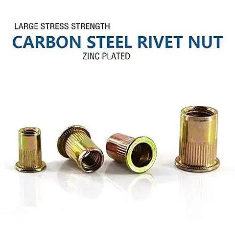 3/8-16 Carbon Steel Rivet Nuts Assortment Kit Flat Head UNC Inserts 100 Pcs, various sizes displayed