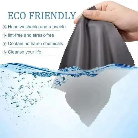 10 Pack Microfiber Lens Cleaning Cloths 6x7 LintFree for Glasses Cameras Phones shown with eco-friendly features.