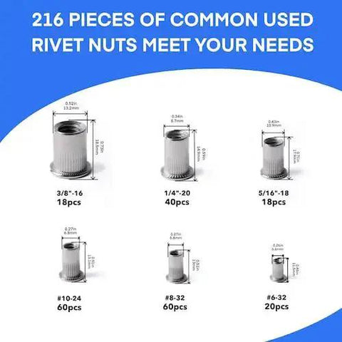 Pro Grade Stainless Steel Rivet Nut Assortment Kit For DIY Enthusiasts With 216 Pieces Of SAE Threaded Rivnuts displayed with sizes