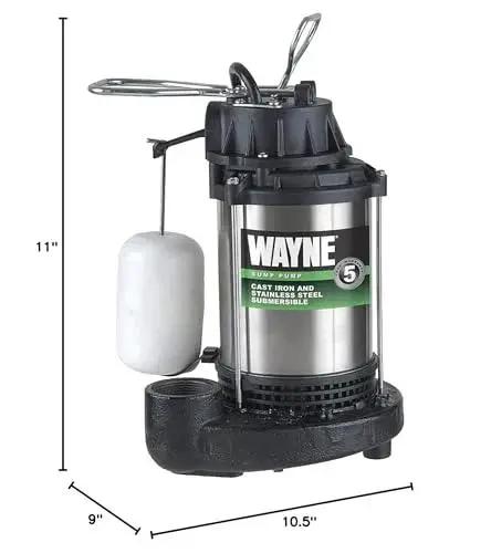 Front view of Three Quarter HP Submersible Sump Pump with Float Switch Cast Iron 5490 GPH showing size dimensions.