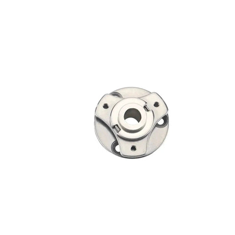 Metal hollow disc torque-hinge hub with 360° rotation, central bore and mounting holes.