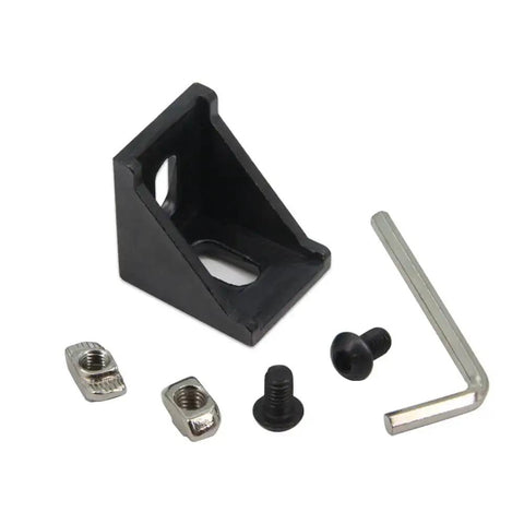 Black 3030 Right Angle Corner Brackets Kit With M6 Screws And T Nuts For 3030 Aluminum Extrusion 8mm Profile, showing bracket and tools.