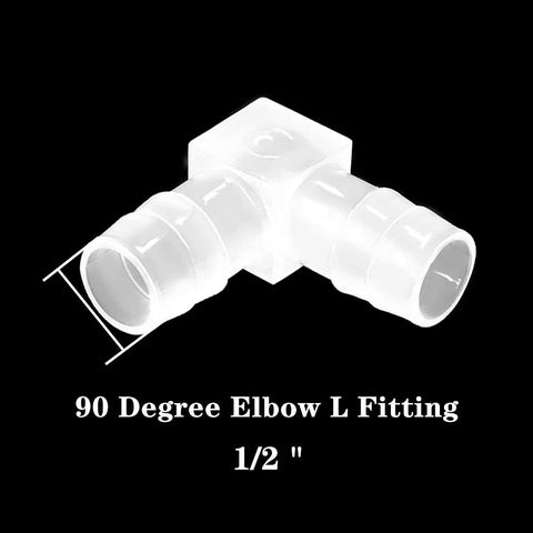 1/2 in. hose barb 90-degree L-fitting, two equal barb ends, white plastic