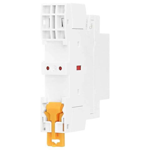 Side view of 24V AC 2-Pole Modular Contactor with 1NO1NC contacts, white housing, 20A rating, DIN rail mount. Ideal for HVAC control.