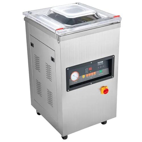 VEVOR stainless steel chamber vacuum sealer with clear lid and LED display on a wheeled kitchen unit