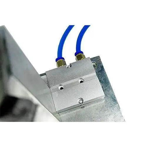 Close-up of dual cylinder design in Pneumatic Dual Axis Letter Bender for LED signs, metal sheet bending machine, aluminum and stainless steel.