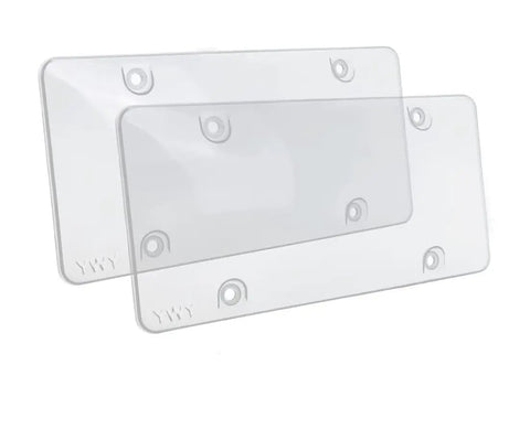 Clear 2 Pack License Plate Cover For Your Ride Weather Resistant Unbreakable Protector Transparent Design Fits All Standard 6x12 Inches License Plates UV Shield Durable Shield For Cars Trucks SUV. Clear acrylic covers showing two license plate protectors side by side.