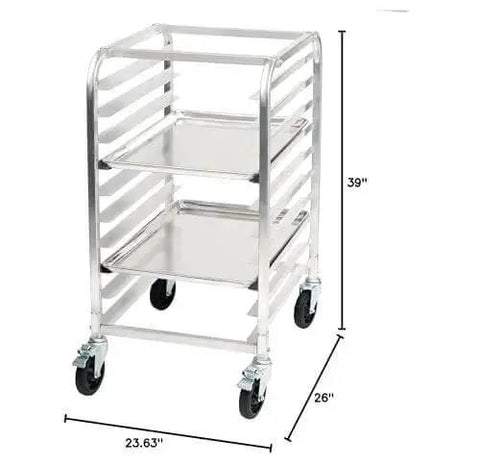 Ten Tier Aluminum Sheet Pan Rack With Brake For Commercial Kitchens And Bakeries, showing 23.63 x 26 x 39 inch dimensions, side view