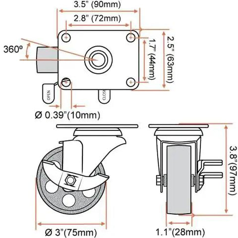Technical diagram of All Black Four Pack Metal Swivel Plate Caster Wheels With Brake Lock Heavy Duty High Gauge Steel 3 Inch Casters.