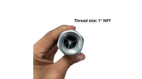 Hydraulic quick-connect coupler, Pioneer style, 1-in NPT thread, silver metal with yellow dust caps