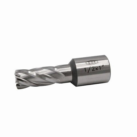 M2AL HSS Annular Cutter One Inch Depth Of Cut For Magnetic Drill Press With Three Quarters Inch Weldon Shank And Free Pilot Pin Heavy Duty Precision Cutting, front view.