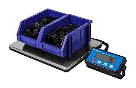 Heavy Duty Parcel And Shipping Scale With 330 Pound Capacity Clear LCD Display Stainless Steel Platform AC Adapter Included Or Four AA Batteries A Real Workhorse For Warehouse And Industrial Shipping showing blue backlit indicator and steel platform with blue bins of hardware
