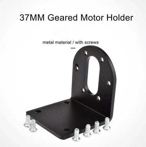 4 Pack 37mm Diameter DC Gear Motor Mounting Brackets Black shown with screws for robots, model cars, and hobby projects.