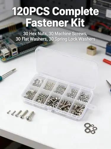 120 Piece Stainless Steel Screw Kit With M2 To M5 Hex Nuts Round Head Machine Screws Flat Washers And Spring Washers 304 Stainless Hardware Set For Electronics DIY Repair And Maker Projects displayed on a table in an open plastic case