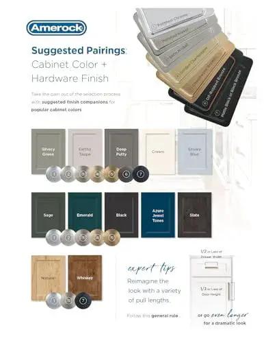 Amerock cabinet color and hardware finish guide showcasing suggested pairings for cabinet renovations.