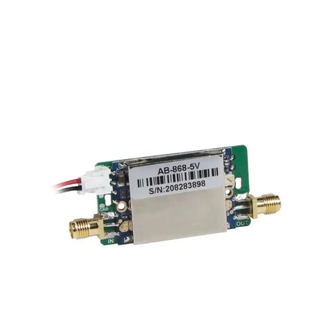 Close-up of Two Way LoRa Signal Booster And Power Amplifier Module for 863-870MHz and 902-928MHz, showing connectors and circuit board.