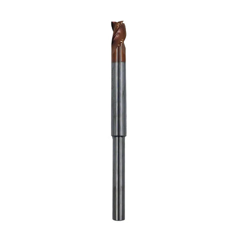 Two Piece Quarter Inch Reduced Shank Router End Mill Set Featuring Five Sixteenth Inch Cutting Diameter, Thirty Seven Degree Helix, Solid Carbide, Three Flute, ZRN Coated Bits For Aluminum And Non Ferrous Materials, High Velocity Milling displayed vertically.