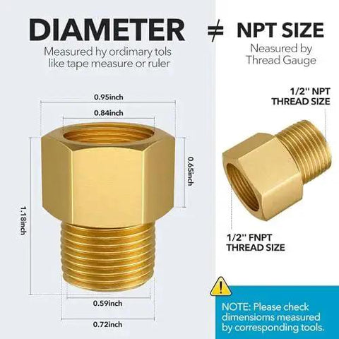 Diagram showing dimensions and NPT sizing for Brass Pipe Fitting Kit Half Inch NPT Male To Half Inch Female Adapters 1200 PSI High Pressure.