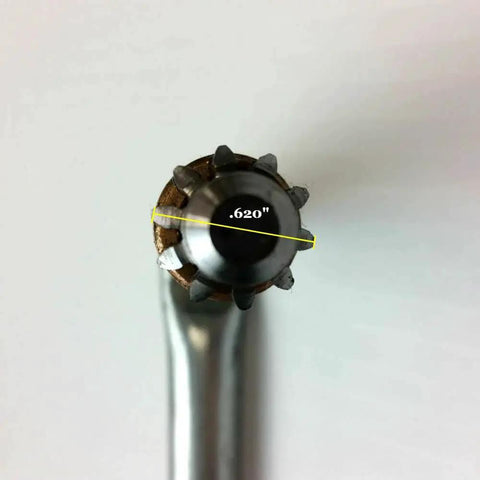 Close-up of top view of truck camper crank handle replacement showing 0.620 inch gear head diameter with 10 tooth gear.
