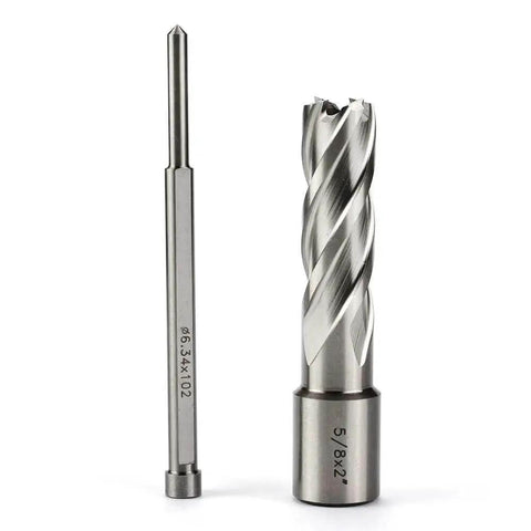 Fast Cutting HSS Annular Cutter For Magnetic Drill Press Five Eighths Inch Cutting Diameter Two Inch Depth Three Quarters Inch Weldon Shank With Two Flats And Pilot Pin By Oscarbide, shown with pilot pin