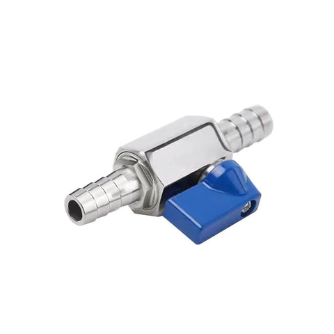 BesNPT stainless steel shut-off valve with blue lever, side view, 3/8 in hose barb for water/fuel/air