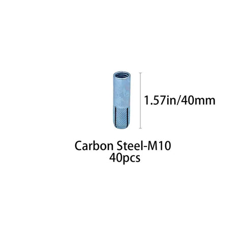 Drop In Anchor Kit With 40 Pieces M10 Zinc Plated Carbon Steel Knurled Expansion Screws For Solid Concrete shown with dimensions.