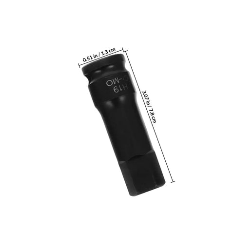 Close-up of black 1/2-inch hex-drive socket bit with sleeve adapter; 3.07 in long, 0.51 in wide.