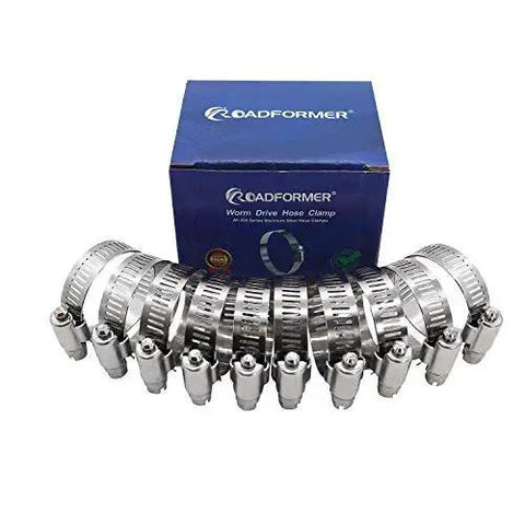 Stainless Steel Worm Gear Hose Clamp Three Quarter Inch Size Band Width Half Inch SAE 12 Full Stainless Construction Fits 17mm to 32mm Hoses 10 Pack for Auto Marine and Home Plumbing Projects, displayed with box.