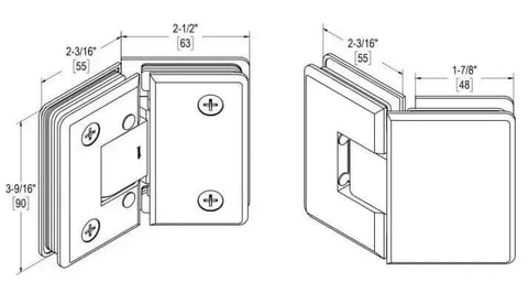 Technical diagram of Oceana Standard Duty Adjustable 135 Degree Glass Hinge for glass doors three eighths to one half inch thick, polished chrome.