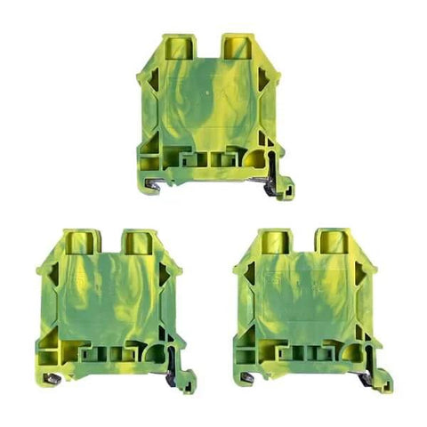 Compact DIN Rail Ground Block Terminal With Screw Type Connection for Easy Wiring UL Listed Pack Of 3, supports 6-16 AWG conductors.