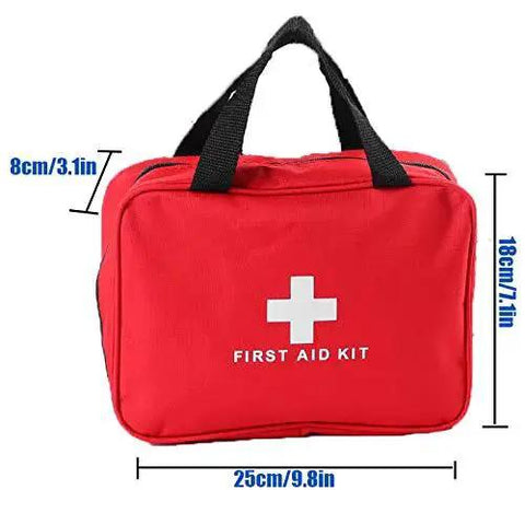 Red Empty First Aid Kit Bag For Travel And Home, lightweight nylon, waterproof, portable medical organizer, size 25x18x8 cm with strap.