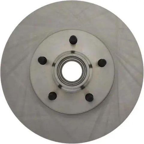 Front view of Centric 121.65051 C-Tek front brake rotor with hub and five lug studs, silver
