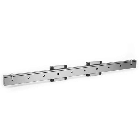 Two 24mm Wide Miniature Linear Guide Rail System with smooth precise motion and dual slide blocks shown in metal material