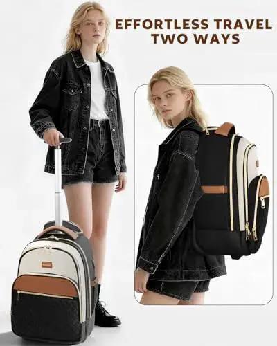 Rolling Backpack With Wheels For Travel Carry On 40L Capacity Built For Women On The Go Arcoyard shown on model