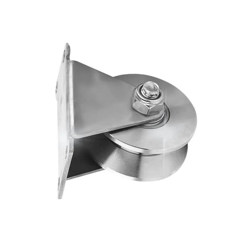 Side view of 3In V Groove Wheel Stainless Steel Heavy Duty Beefy Caster For V Track Rail And Sliding Gates V Shaped Plate Caster