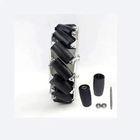 Mecanum Wheel 152mm 6 Inch With Ball Bearing Left Version for RC Cars and 4WD Remote Control Vehicles, shown with components.
