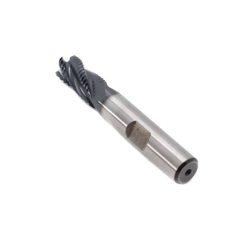Roughing End Mill HSS Square Nose Four Flute Fine Tooth Bit Three Eighths Inch Shank Diameter Three Quarters Inch Flute Length Two and a Half Inch Overall Length Titanium Coated For Milling Metal Steels JESTUOUS
