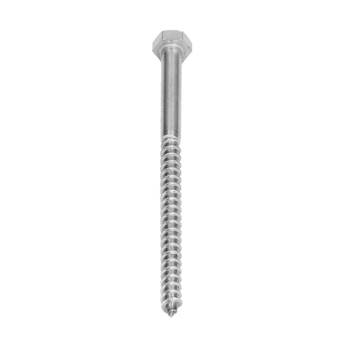 Front view of a stainless steel half thread wood hex lag screw self tapping fastener, DIN 571 standard, M8 x 130mm for carpentry projects.