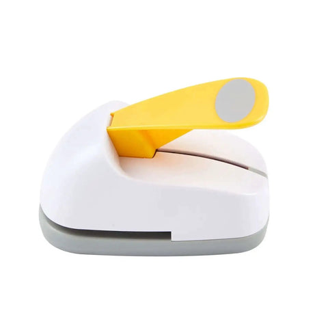 Side view of 2 Inch Oval Lever Paper Punch for crafting, featuring a yellow spring lever and compact design for card making and decor.