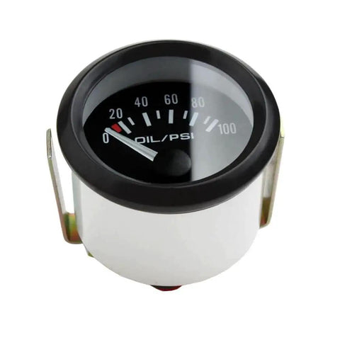 Universal Car 2 Inch 52mm Oil Pressure Gauge With White LED Indicator 0 To 100 PSI Range, front view with black dial and white casing.