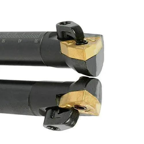 Indexable Boring Bar Set With Five Eighth Inch Shank And Seven Inch Overall Length For Metal Lathe Turning Includes S16Q MWLNR08 And S16Q MWNLNL08 Plus Ten WNMG080404-CM Carbide Inserts For Precise, Fast Pro Grade Machining, showing close-up of carbide inserts on boring bars.
