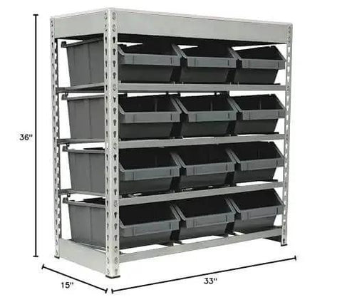 Boltless Steel Storage Rack With 12 Plastic Bins In Four Tiers, 33W x 15D x 36H, particle board tabletop, for garage or workshop organization.