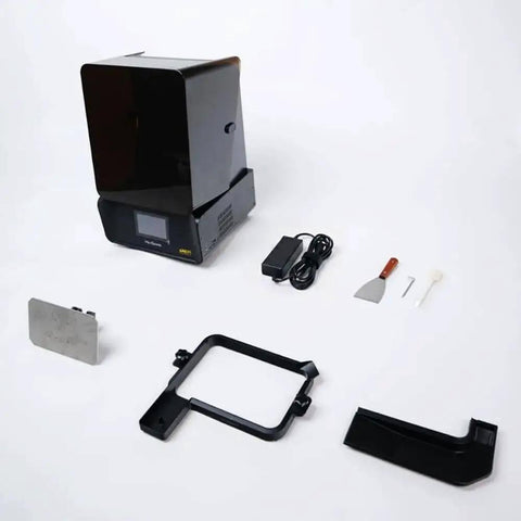 Beast Mode Resin 3D Printer with amber screen, accessories, and power cable shown. Ultra-fast 4.5s layer time and 2μm precision.