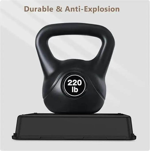 Black 220 lb kettlebell with handle, displayed on a rectangular platform, features durable construction anti-explosion design.