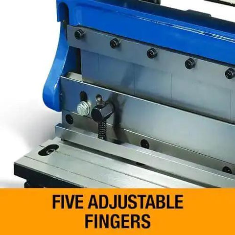 Close-up of 12 Inch Shear Brake Roll for 20 gauge mild steel showing adjustable top beam fingers and grooves.