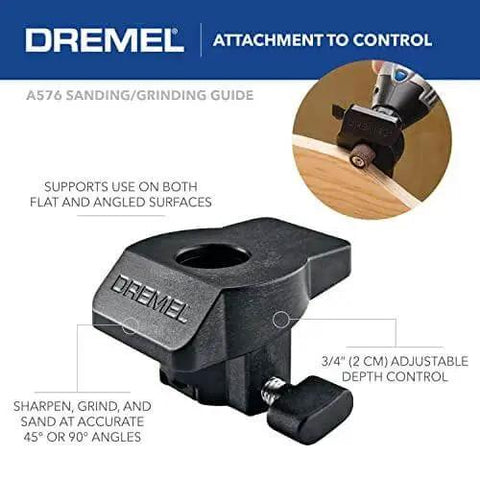 Dremel A576 sanding/grinding guide attachment for rotary tools, shown with adjustment knob and depth control, supporting angled surfaces.