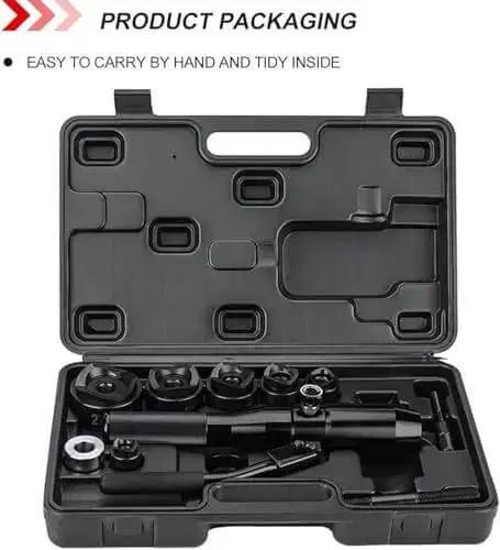 Hydraulic Knockout Punch Kit With Manual Hole Cutter Set For Electric Conduit Includes Six Dies in portable case, open view