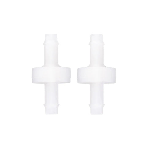 Two white PVDF check valves with 1/4 in barb fittings for spa ozone systems