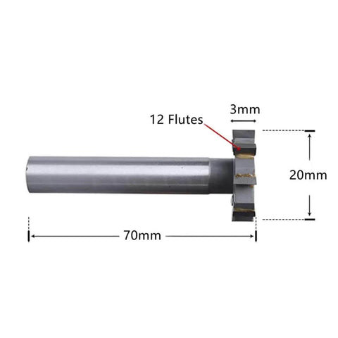 Side view of Pro Grade HSS AL T Slot End Mill Cutter for Woodruff Keyseat Applications, 20mm diameter, 6 flutes, showing dimensions.
